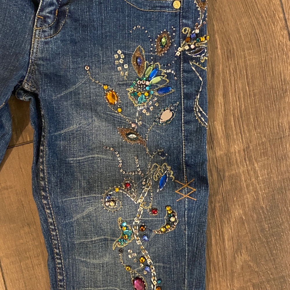 Allen B Denim Blue Boot Cut Jeans with Colorful Embellishments - Picture 2 of 7